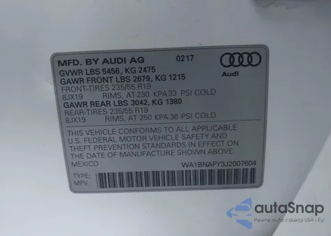 2018 Audi Q5 2.0T Premium/2.0T Tech Premium z USA, uszkodzony, nr VIN WA1BNAFY3J2007604